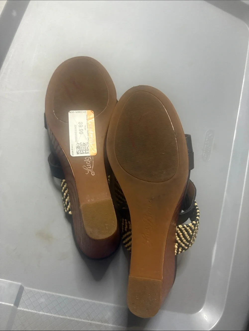 Lucky Brand Black and Gold Braided Wedge Slide Sandals
